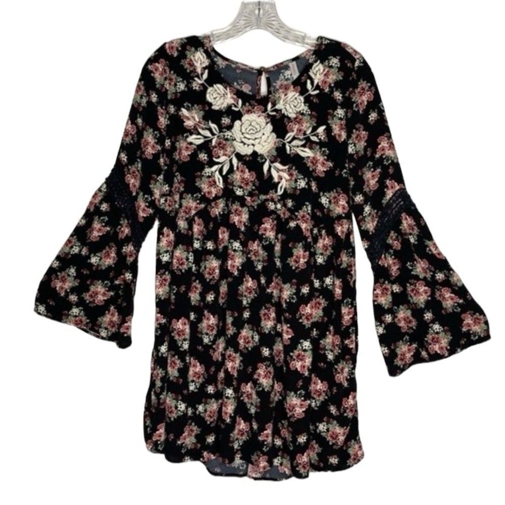 Xhiliration Pink Black Floral Embroidered Crochet Bell Sleeve Dress L
